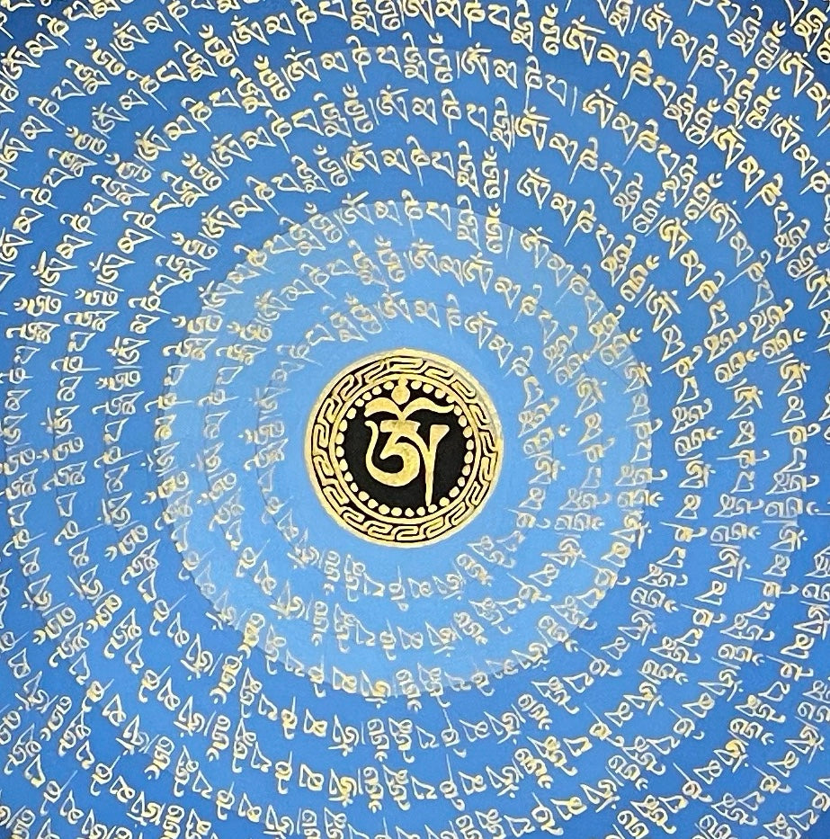Mantra Mandala thangka, 75×75 cm: rings of gold-coloured mantra script on a blue disc around a central Om, with an outer ring of script on black