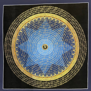 Mantra Mandala thangka, 75×75 cm: rings of gold-coloured mantra script on a blue disc around a central Om, with an outer ring of script on black