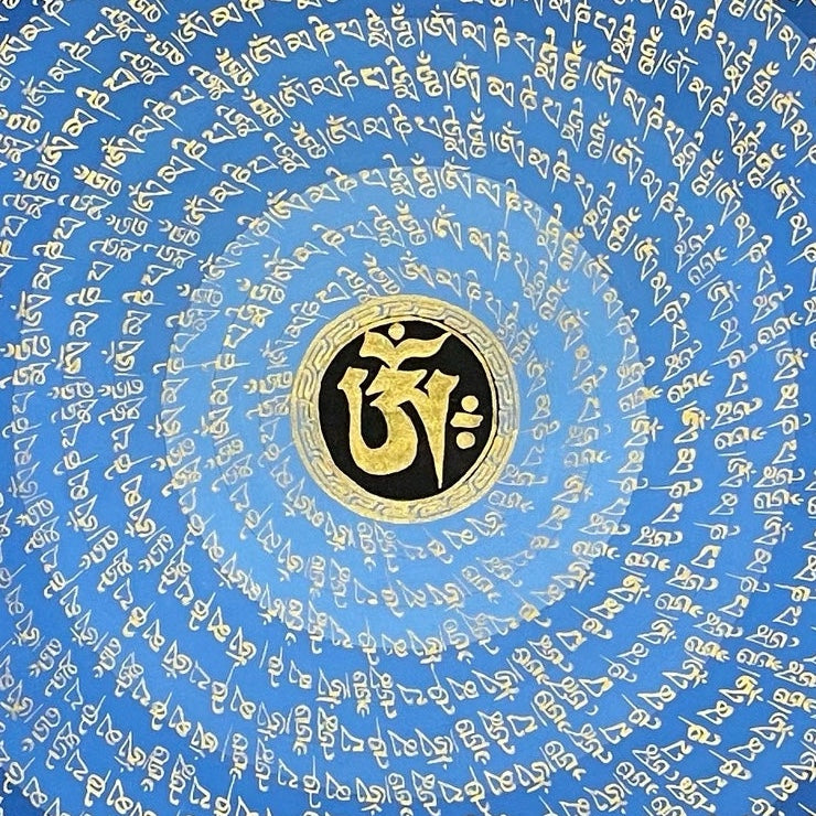 Mantra Mandala thangka, 75×75 cm: rings of gold-coloured mantra script on a blue disc around a central Om, with an outer ring of script on black