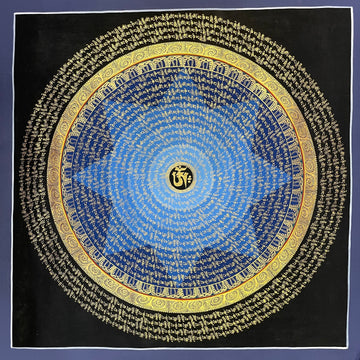 Mantra Mandala thangka, 75×75 cm: rings of gold-coloured mantra script on a blue disc around a central Om, with an outer ring of script on black