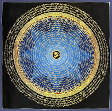 Mantra Mandala thangka, 75×75 cm: rings of gold-coloured mantra script on a blue disc around a central Om, with an outer ring of script on black