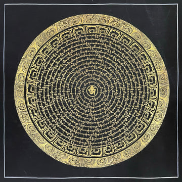 Mantra Mandala thangka, 54×54 cm: concentric rings of gold-coloured mantra script on black around a central Om