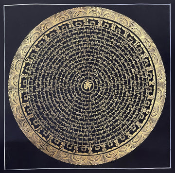 Mantra Mandala thangka, 54×54 cm: a gold-coloured Om ringed by gold-coloured mantra script on black, inside a rim of fan-like leaves
