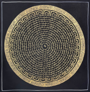 Mantra Mandala thangka, 54×54 cm: concentric rings of gold-coloured mantra script on black around a single syllable