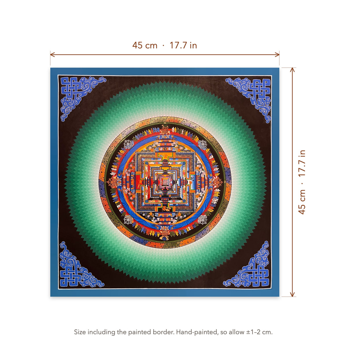 Size diagram: 45 × 45 cm (17.7 × 17.7 in), including the painted border