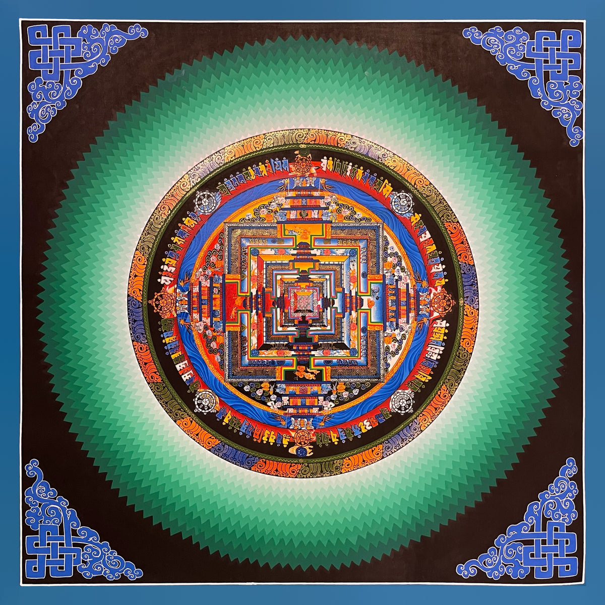 Kalachakra Mandala thangka, 45×45 cm: Kalachakra palace mandala surrounded by zigzag green rays, with blue endless knots in the corners