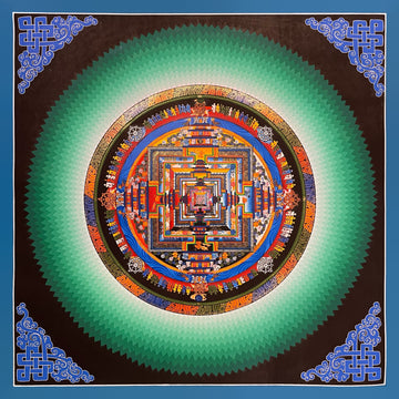Kalachakra Mandala thangka, 45×45 cm: Kalachakra palace mandala surrounded by zigzag green rays, with blue endless knots in the corners