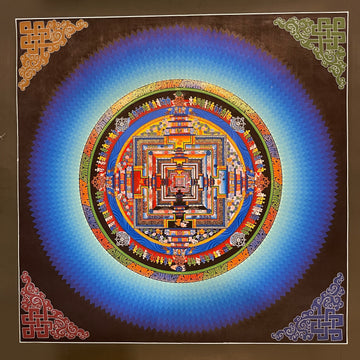 Kalachakra Mandala thangka, 45×45 cm: Kalachakra palace mandala surrounded by zigzag blue rays, with endless knots in the corners