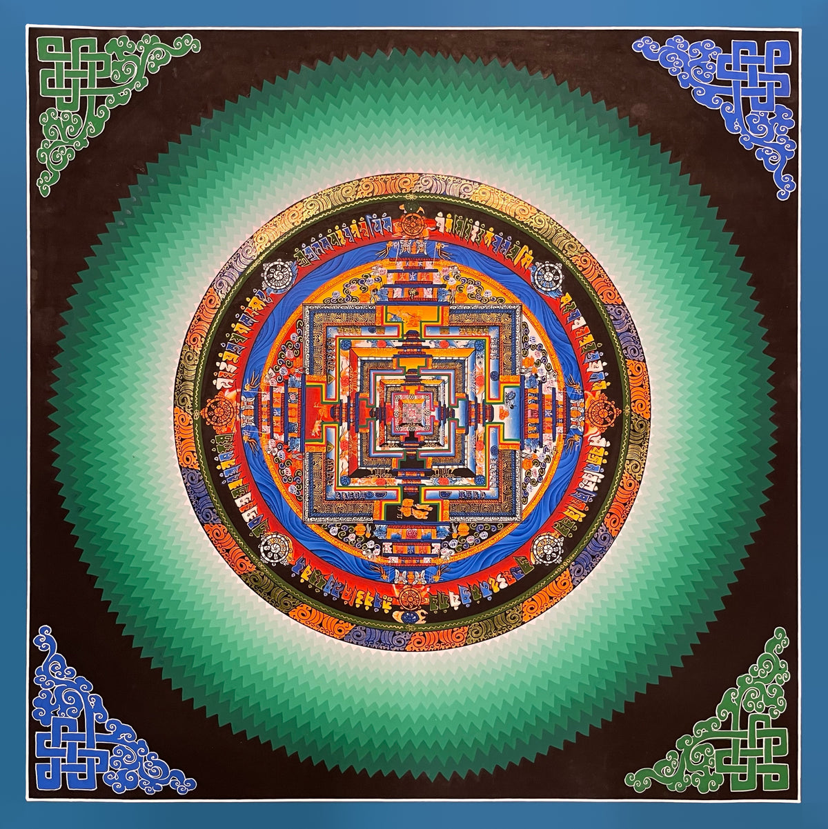 Kalachakra Mandala thangka, 45×45 cm: Kalachakra palace mandala inside a wide ring of green zigzags on dark brown