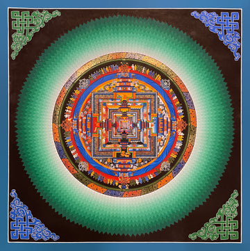 Kalachakra Mandala thangka, 45×45 cm: Kalachakra palace mandala inside a wide ring of green zigzags on dark brown