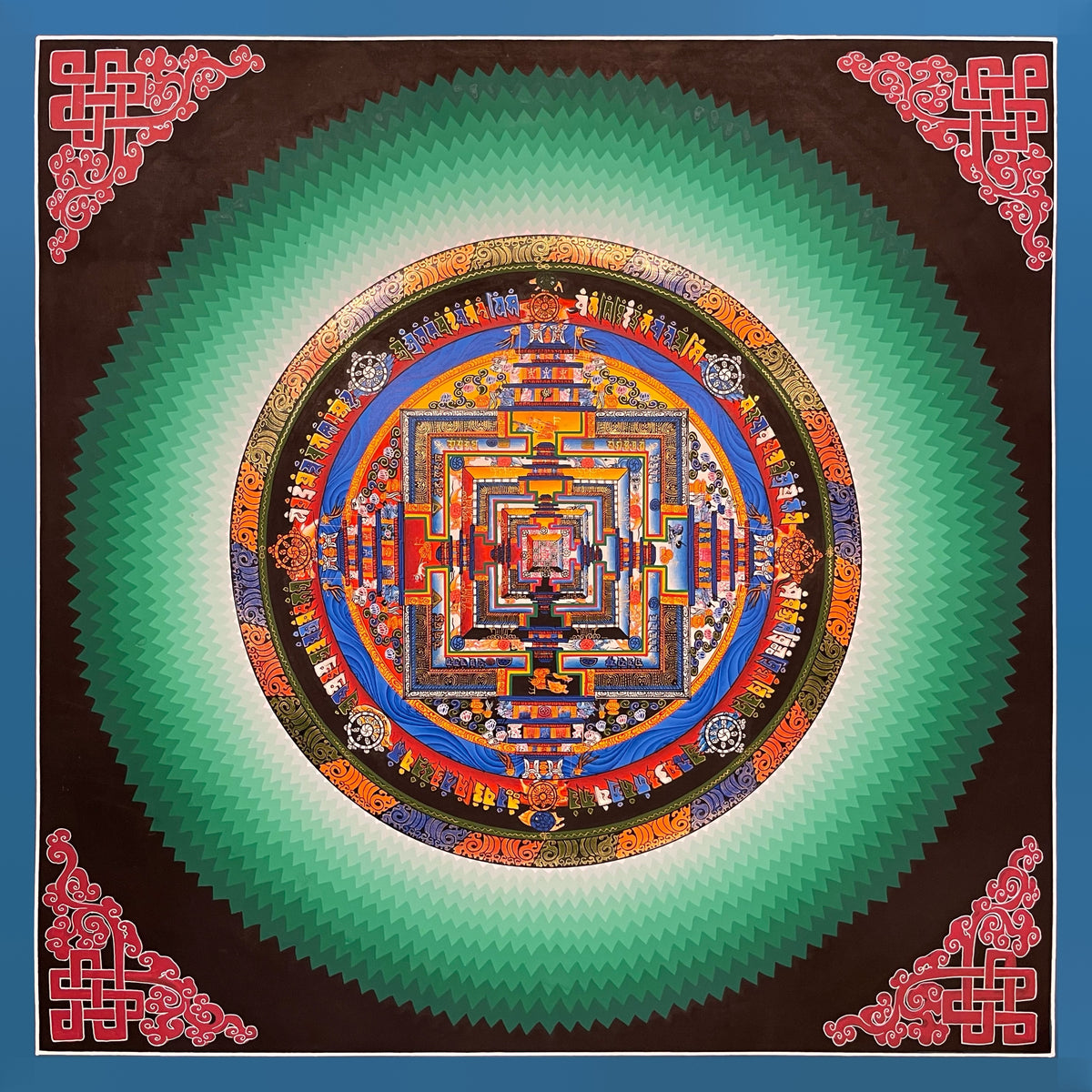 Kalachakra Mandala thangka, 45×45 cm: Kalachakra palace mandala surrounded by zigzag green rays, with endless knots in the corners