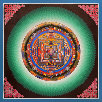 Kalachakra Mandala thangka, 45×45 cm: Kalachakra palace mandala surrounded by zigzag green rays, with endless knots in the corners