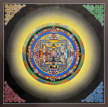 Kalachakra Mandala thangka, 45×45 cm: Kalachakra palace mandala inside a halo of yellow zigzag rays on black, with endless knots in the corners