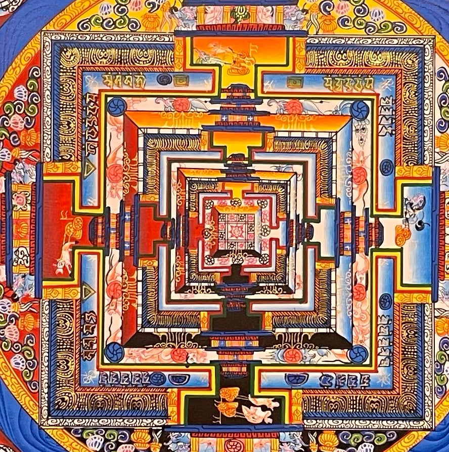 Kalachakra Mandala thangka, 45×45 cm: Kalachakra palace mandala surrounded by zigzag blue rays, with endless knots in the corners