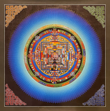 Kalachakra Mandala thangka, 45×45 cm: Kalachakra palace mandala surrounded by zigzag blue rays, with endless knots in the corners