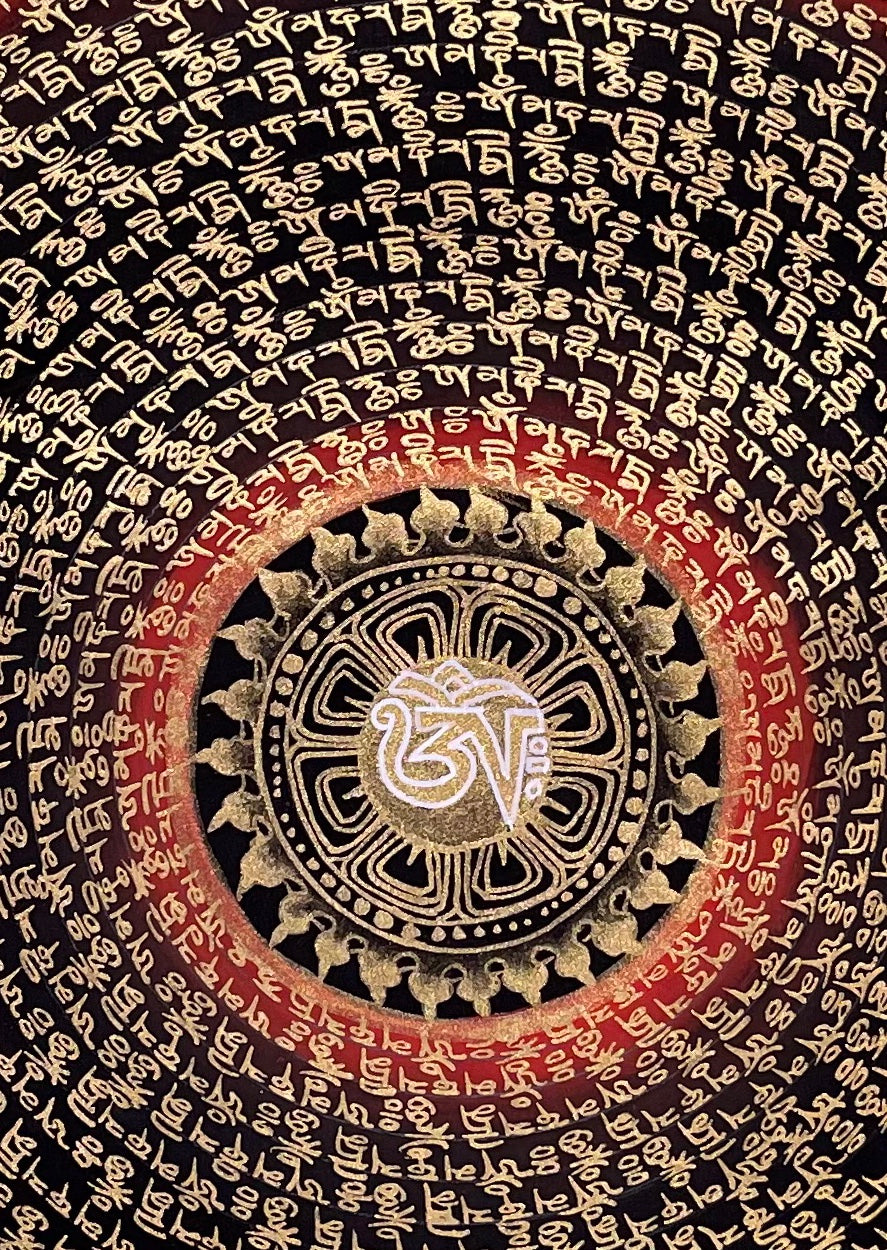Dragon Mantra Mandala thangka, 49×68 cm: rings of gold-coloured mantra script around a white Om, with gold-coloured dragons in clouds, red rings