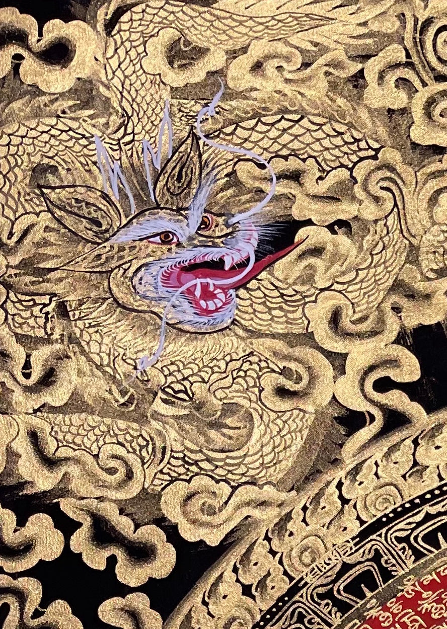 Dragon Mantra Mandala thangka, detail: top-left corner