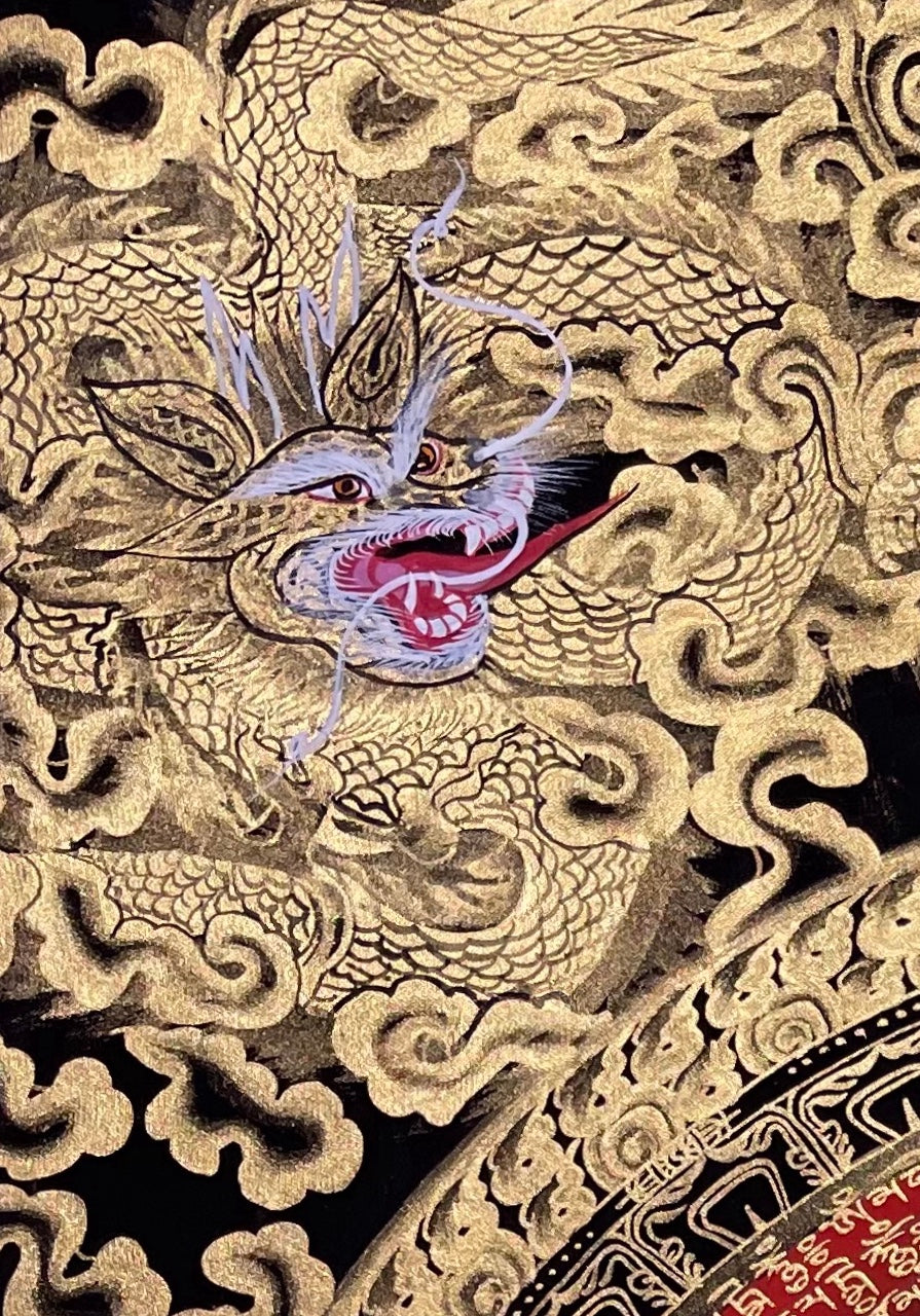 Dragon Mantra Mandala thangka, detail: top-left corner