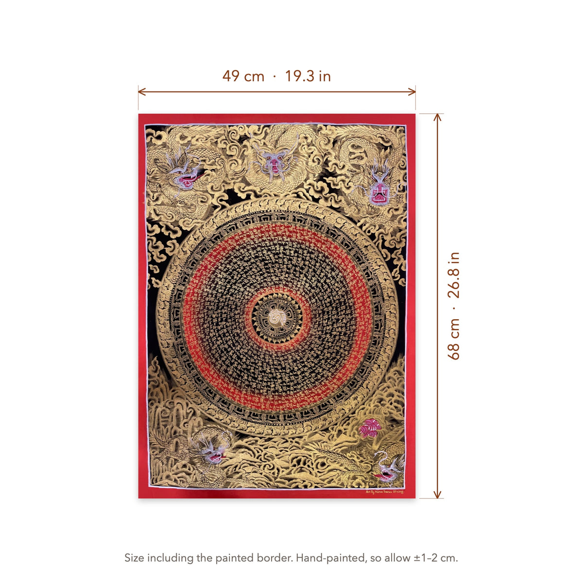 Size diagram: 49 × 68 cm (19.3 × 26.8 in), including the painted border