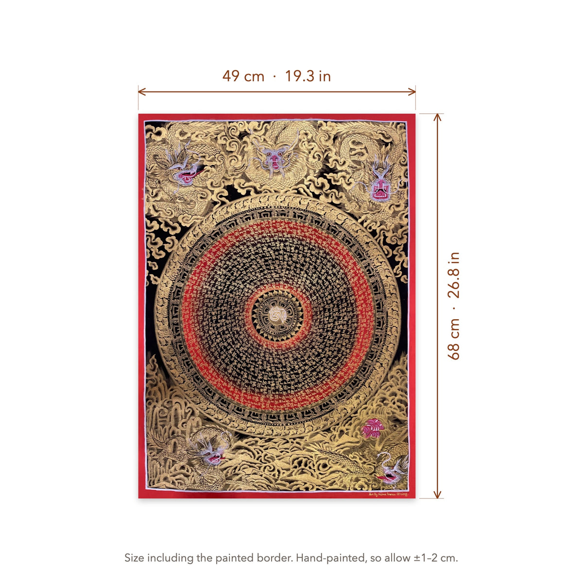 Size diagram: 49 × 68 cm (19.3 × 26.8 in), including the painted border