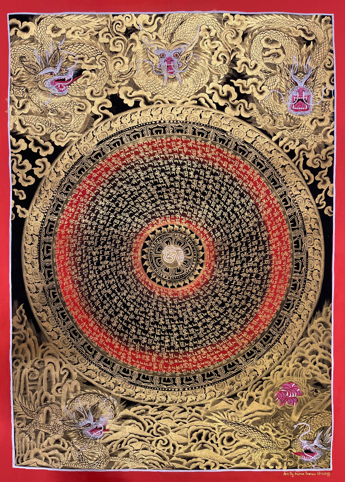 Dragon Mantra Mandala thangka, 49×68 cm: rings of gold-coloured mantra script around a white Om, with gold-coloured dragons in clouds, red rings
