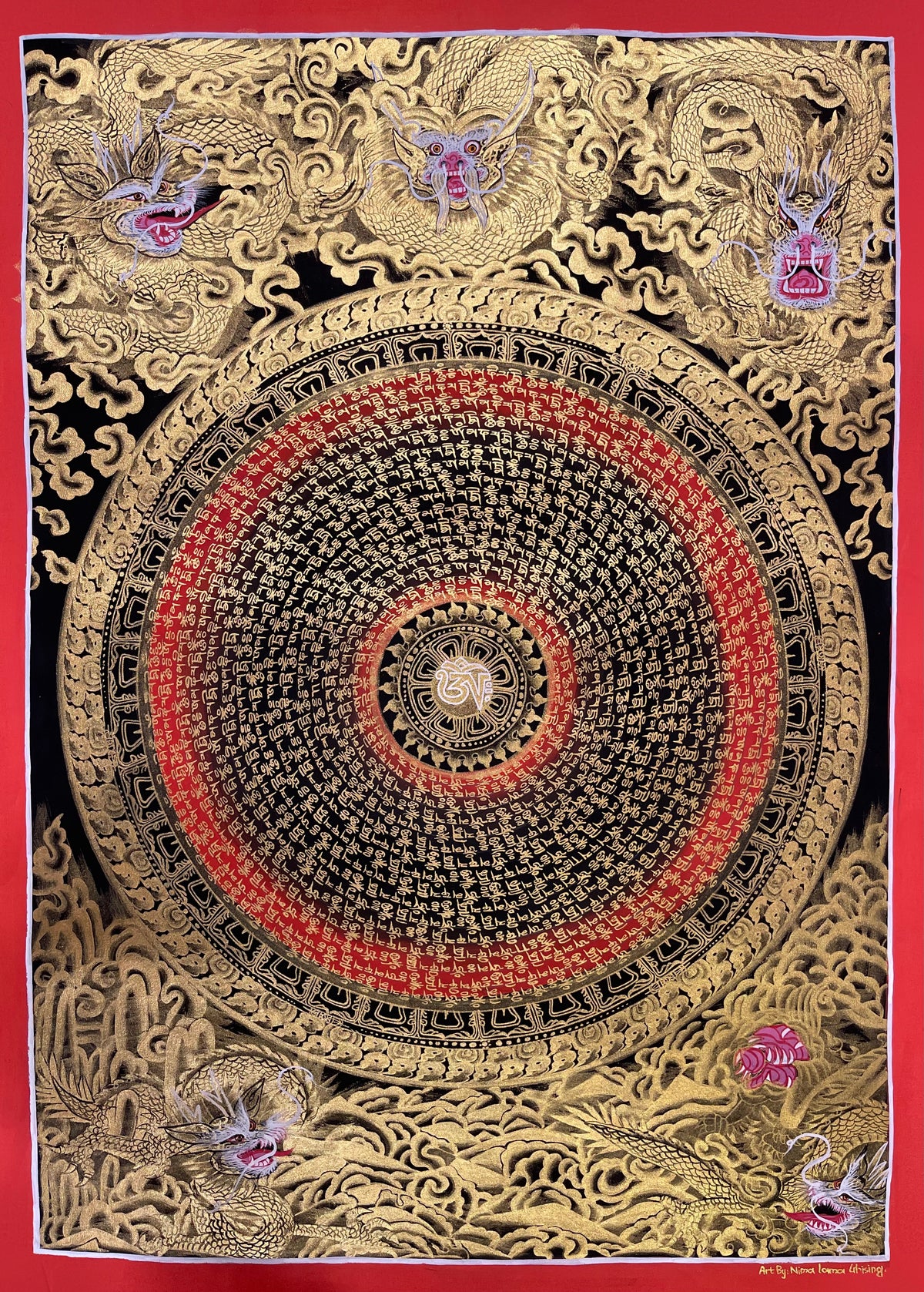 Dragon Mantra Mandala thangka, 49×68 cm: rings of gold-coloured mantra script around a white Om, with gold-coloured dragons in clouds, red rings