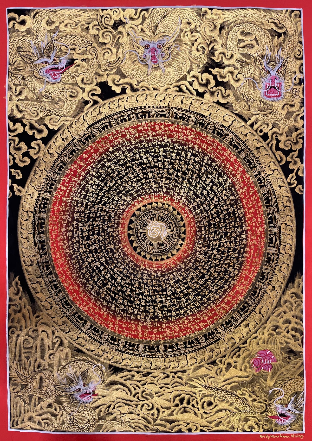 Dragon Mantra Mandala thangka, 49×68 cm: rings of gold-coloured mantra script around a white Om, with gold-coloured dragons in clouds, red rings