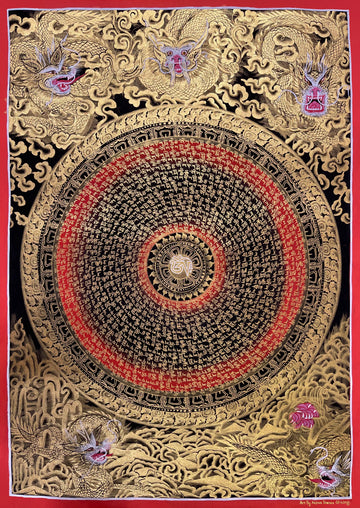 Dragon Mantra Mandala thangka, 49×68 cm: rings of gold-coloured mantra script around a white Om, with gold-coloured dragons in clouds, red rings