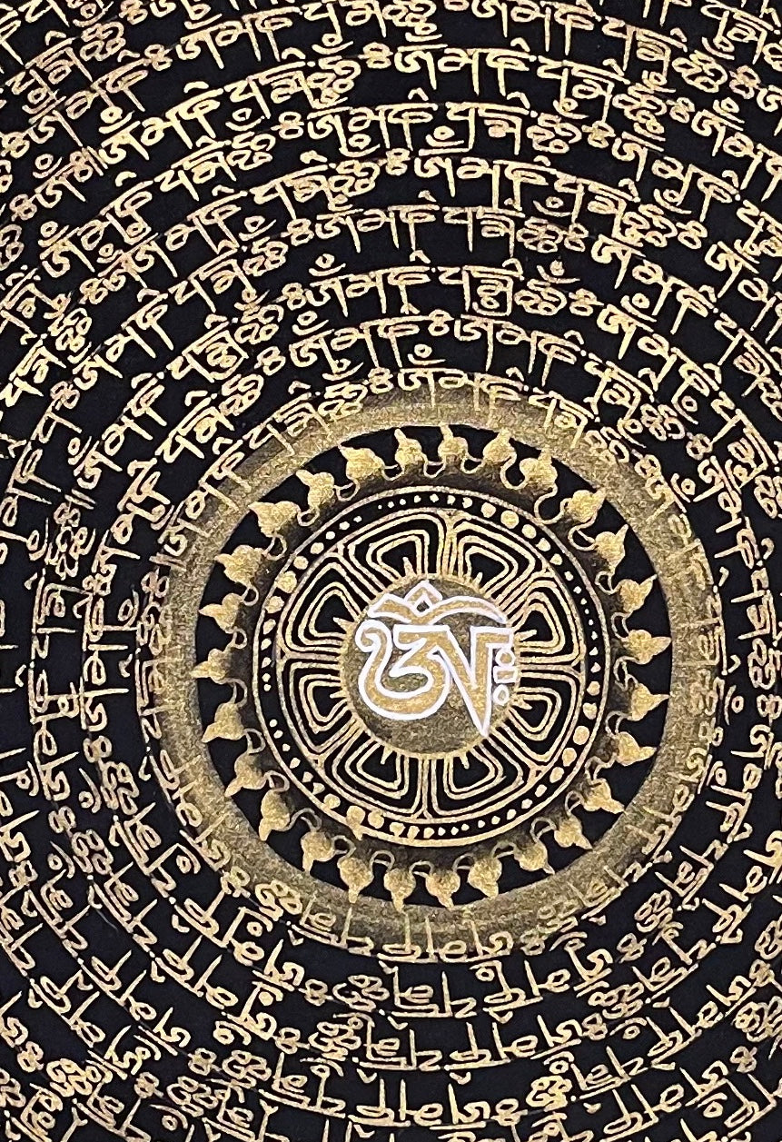 Dragon Mantra Mandala thangka, 49×68 cm: rings of gold-coloured mantra script around a white Om, with gold-coloured dragons in clouds