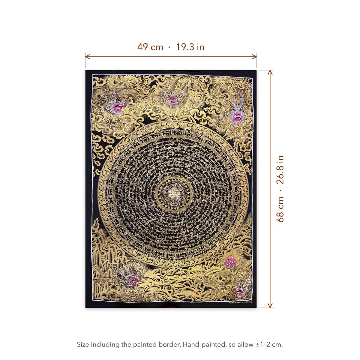 Size diagram: 49 × 68 cm (19.3 × 26.8 in), including the painted border