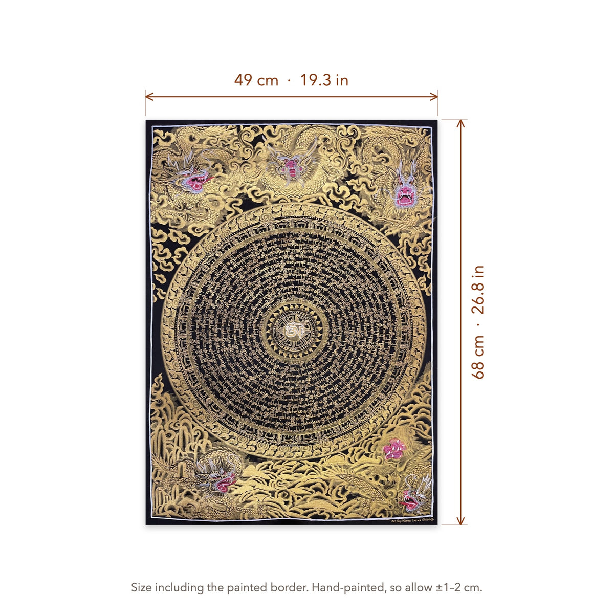 Size diagram: 49 × 68 cm (19.3 × 26.8 in), including the painted border