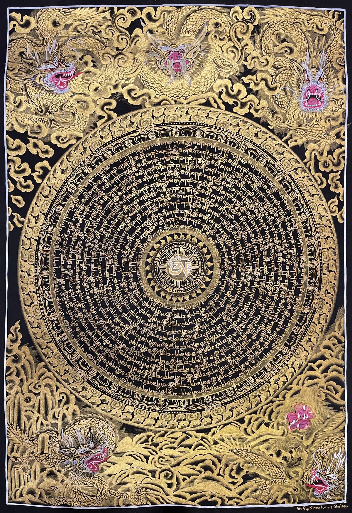 Dragon Mantra Mandala thangka, 49×68 cm: rings of gold-coloured mantra script around a white Om, with gold-coloured dragons in clouds