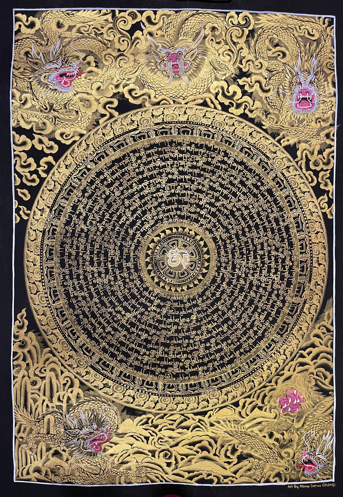 Dragon Mantra Mandala thangka, 49×68 cm: rings of gold-coloured mantra script around a white Om, with gold-coloured dragons in clouds