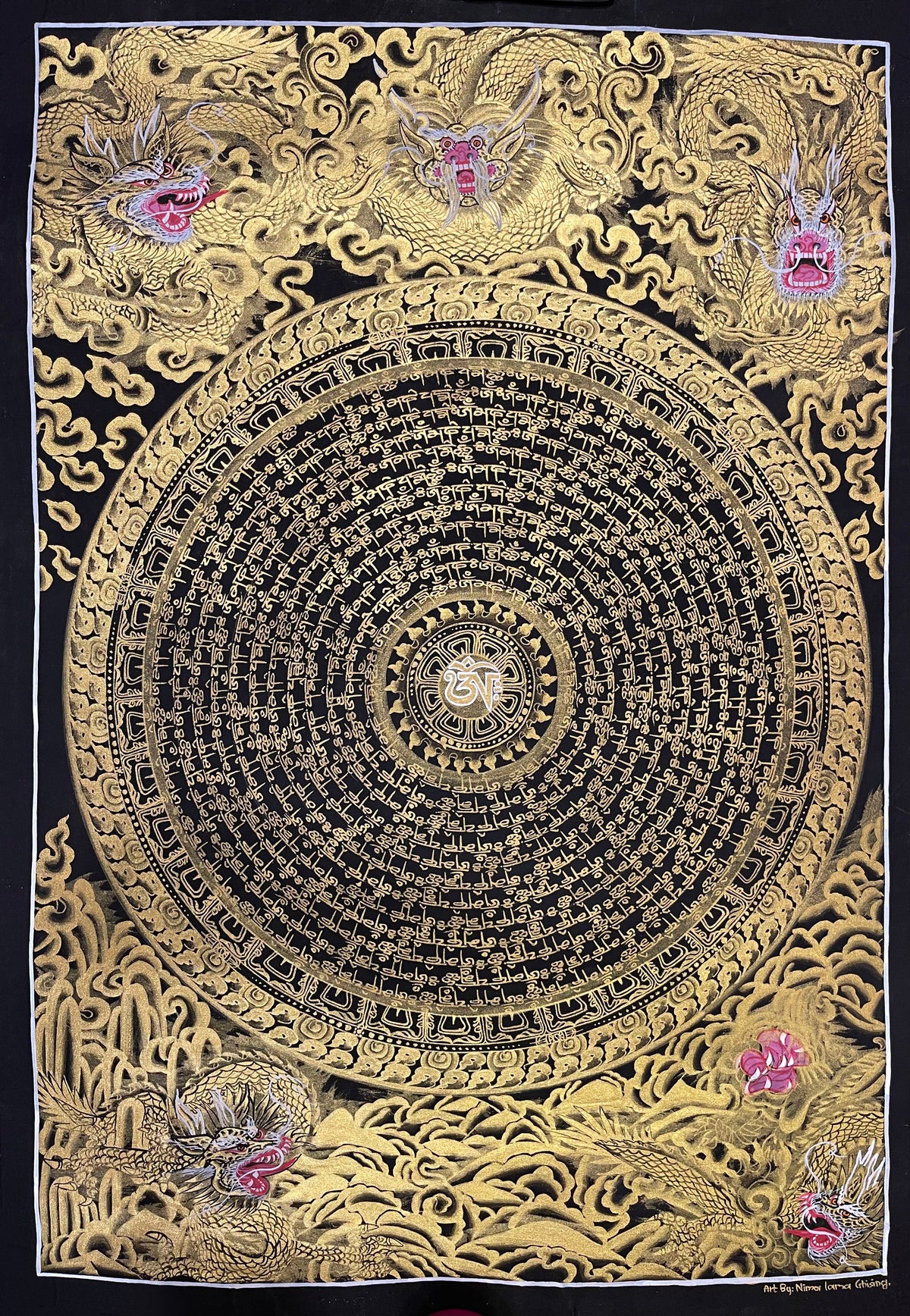 Dragon Mantra Mandala thangka, 49×68 cm: rings of gold-coloured mantra script around a white Om, with gold-coloured dragons in clouds