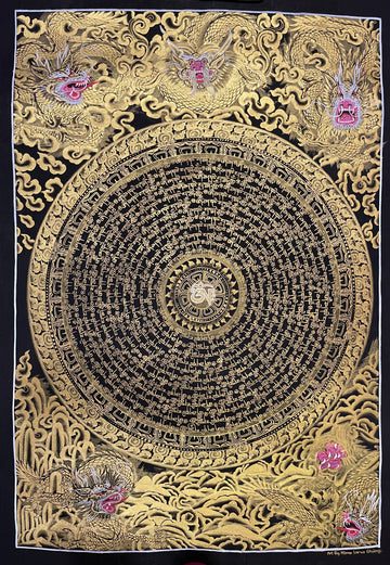 Dragon Mantra Mandala thangka, 49×68 cm: rings of gold-coloured mantra script around a white Om, with gold-coloured dragons in clouds
