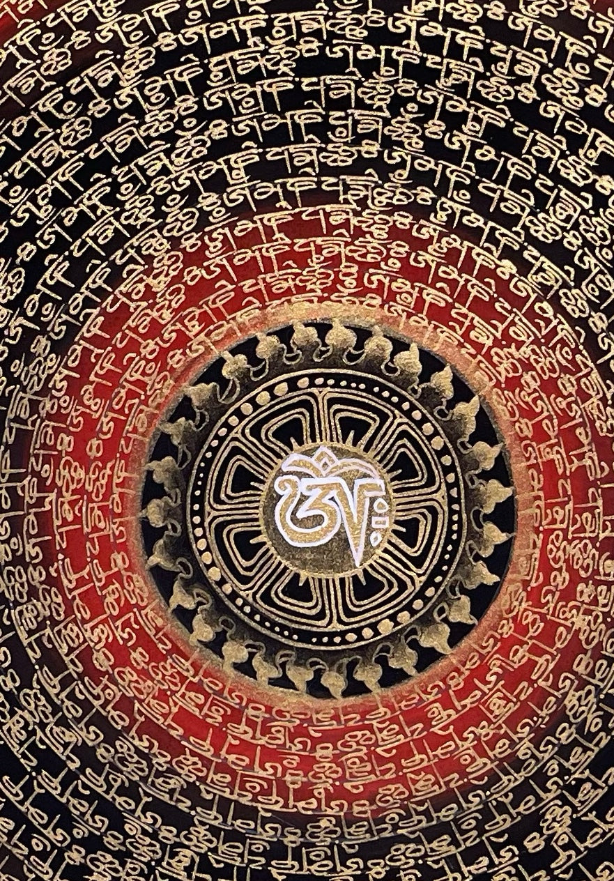 Dragon Mantra Mandala thangka, 49×68 cm: rings of gold-coloured mantra script around a white Om, with gold-coloured dragons in clouds, red rings