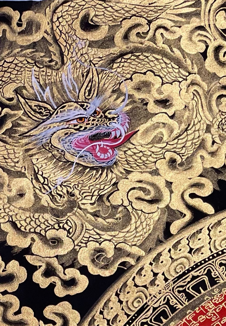 Dragon Mantra Mandala thangka, detail: top-left corner