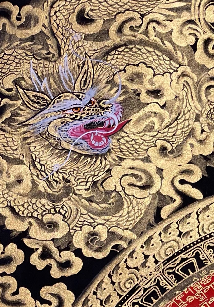 Dragon Mantra Mandala thangka, detail: top-left corner