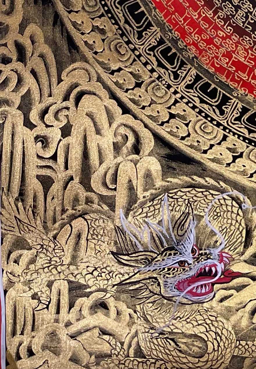 Dragon Mantra Mandala thangka, detail: bottom-left corner