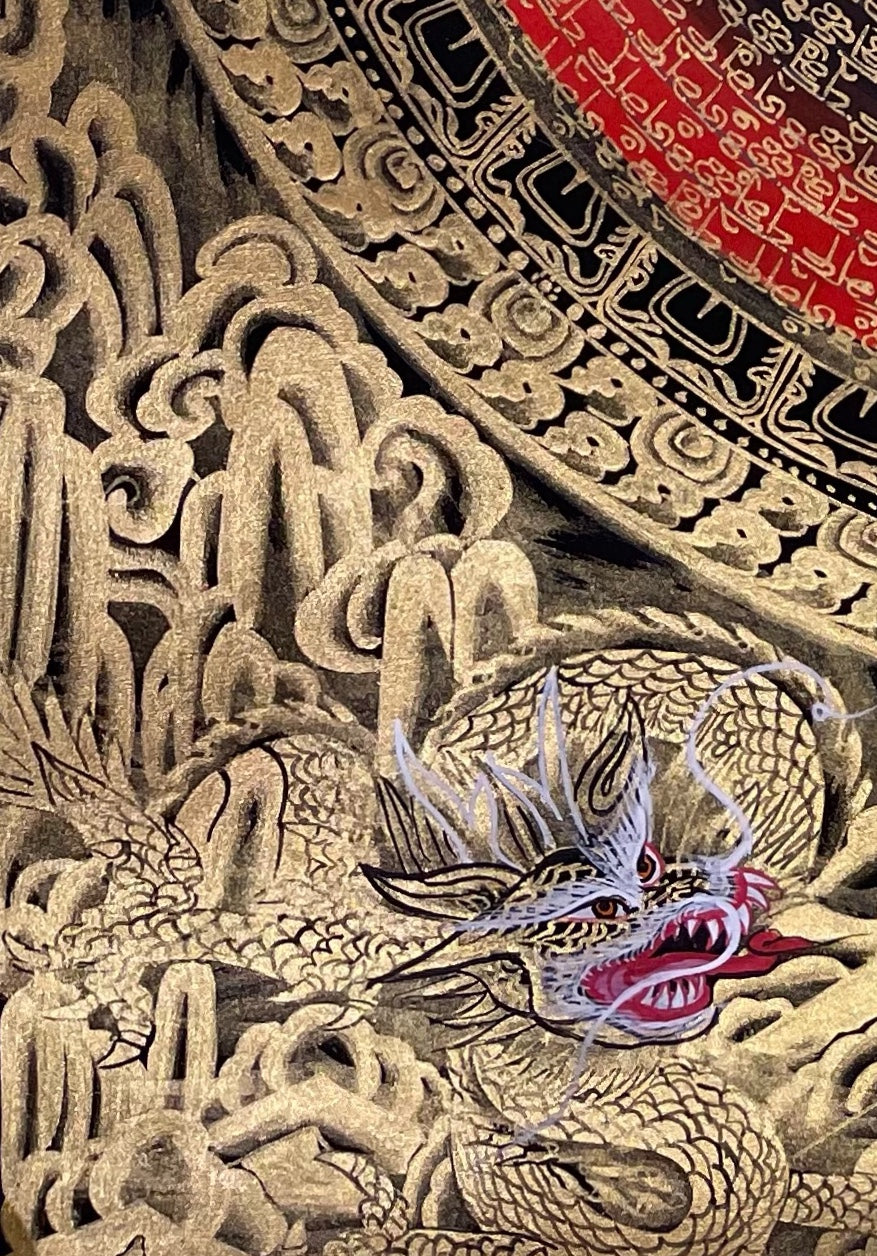 Dragon Mantra Mandala thangka, detail: bottom-left corner