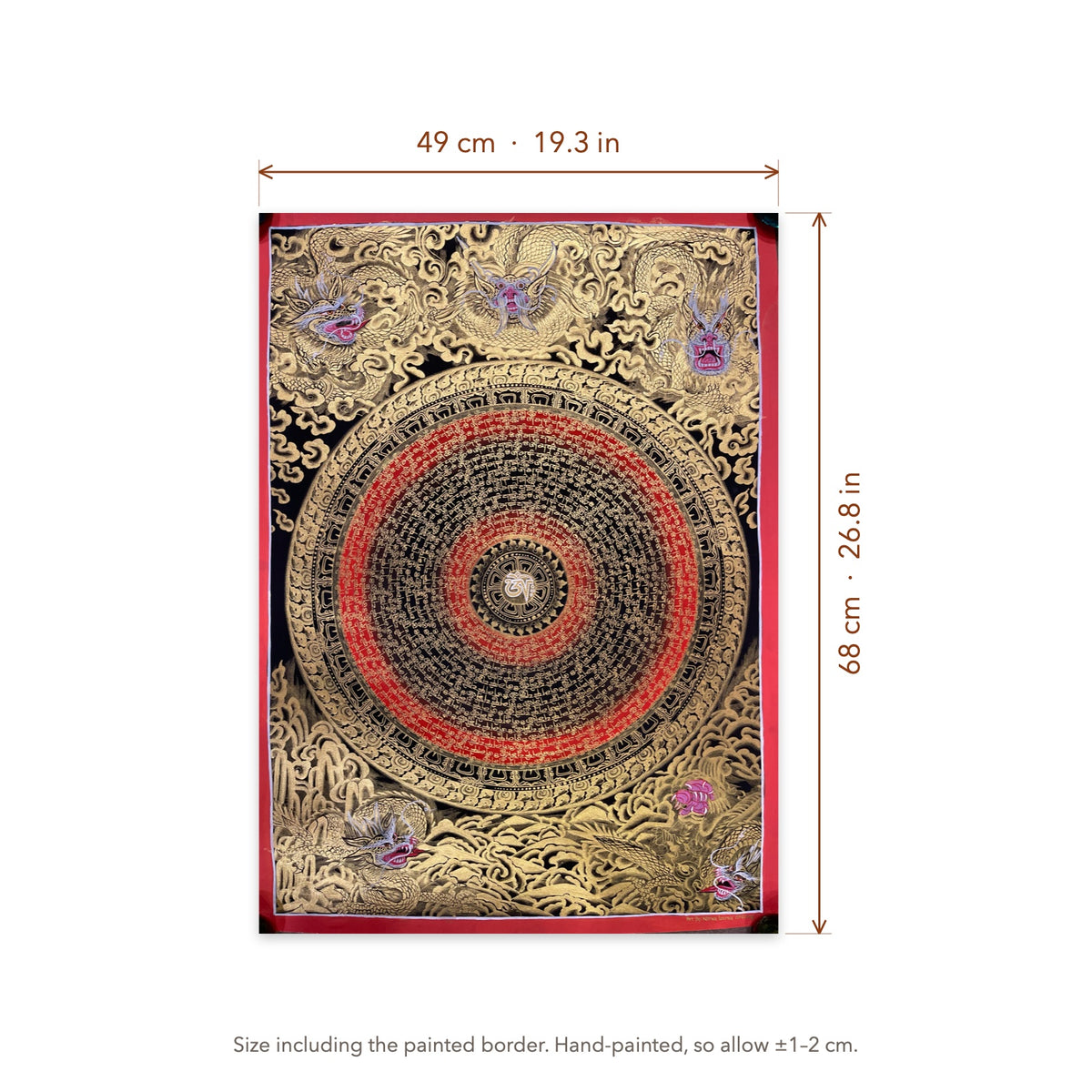 Size diagram: 49 × 68 cm (19.3 × 26.8 in), including the painted border