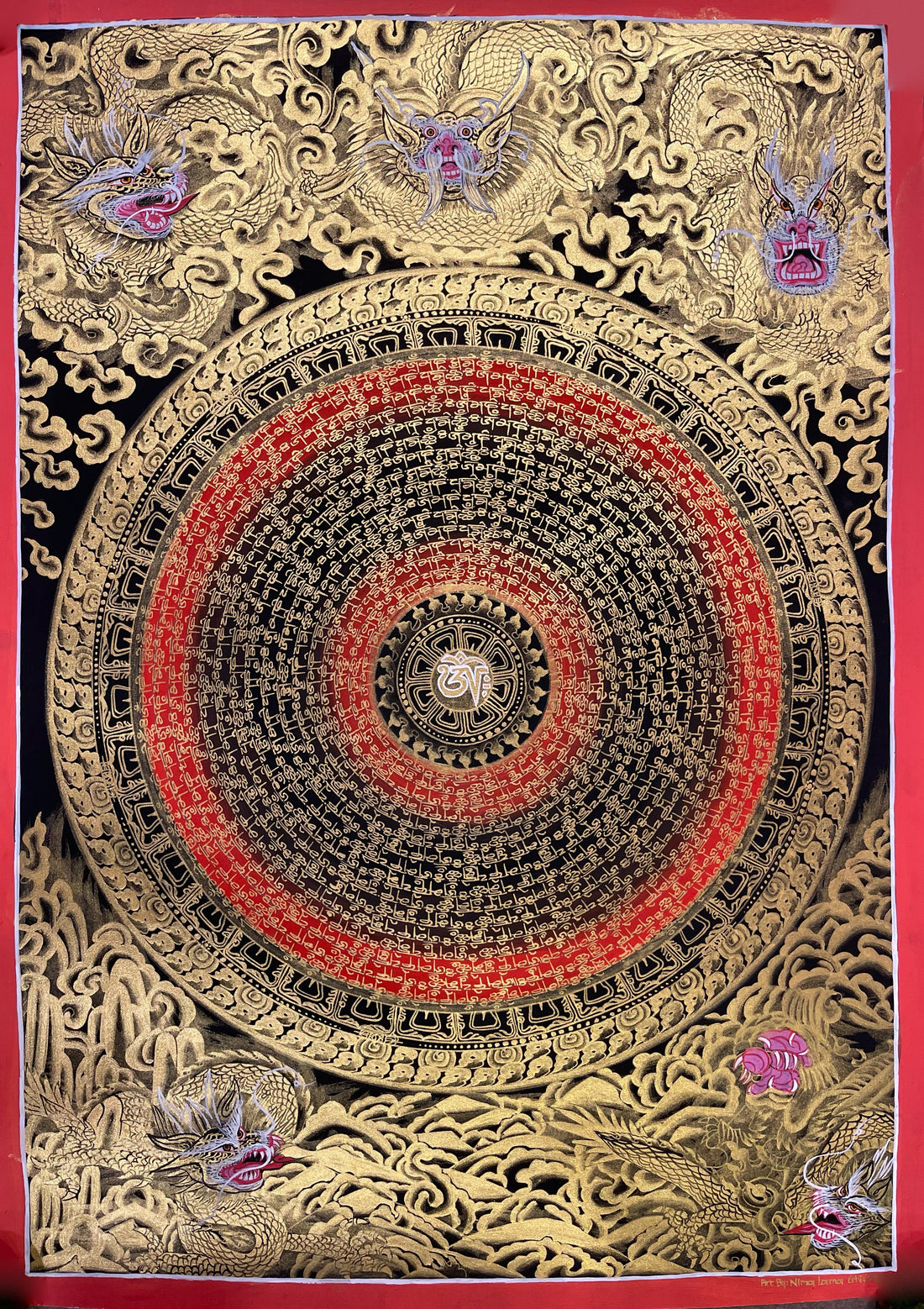 Dragon Mantra Mandala thangka, 49×68 cm: rings of gold-coloured mantra script around a white Om, with gold-coloured dragons in clouds, red rings