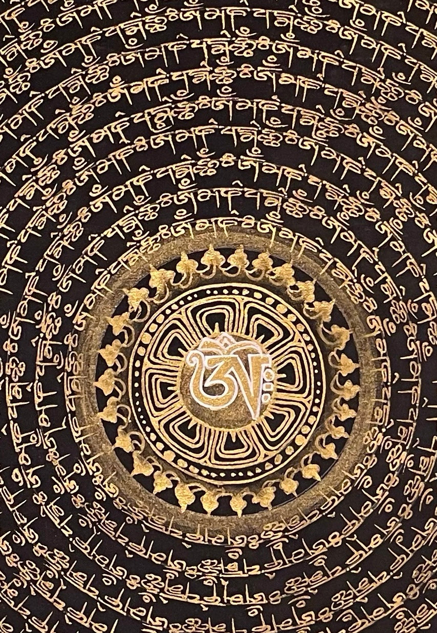 Dragon Mantra Mandala thangka, 49×68 cm: rings of gold-coloured mantra script around a white Om, with gold-coloured dragons in clouds