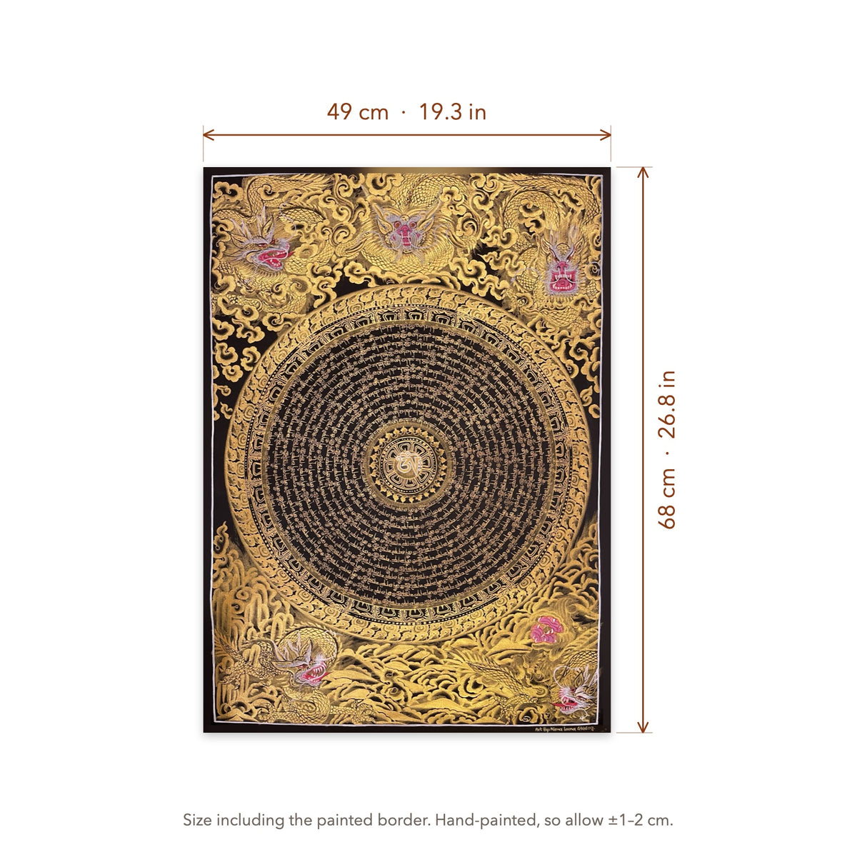 Size diagram: 49 × 68 cm (19.3 × 26.8 in), including the painted border