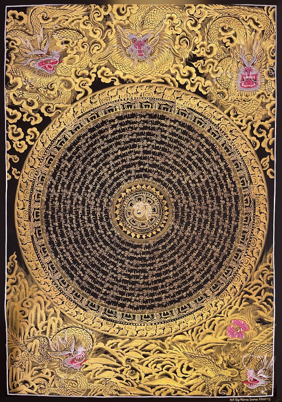 Dragon Mantra Mandala thangka, 49×68 cm: rings of gold-coloured mantra script around a white Om, with gold-coloured dragons in clouds