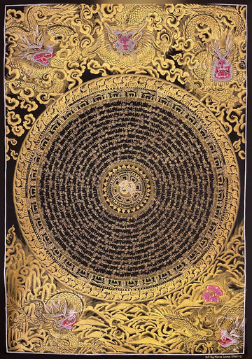 Dragon Mantra Mandala thangka, 49×68 cm: rings of gold-coloured mantra script around a white Om, with gold-coloured dragons in clouds