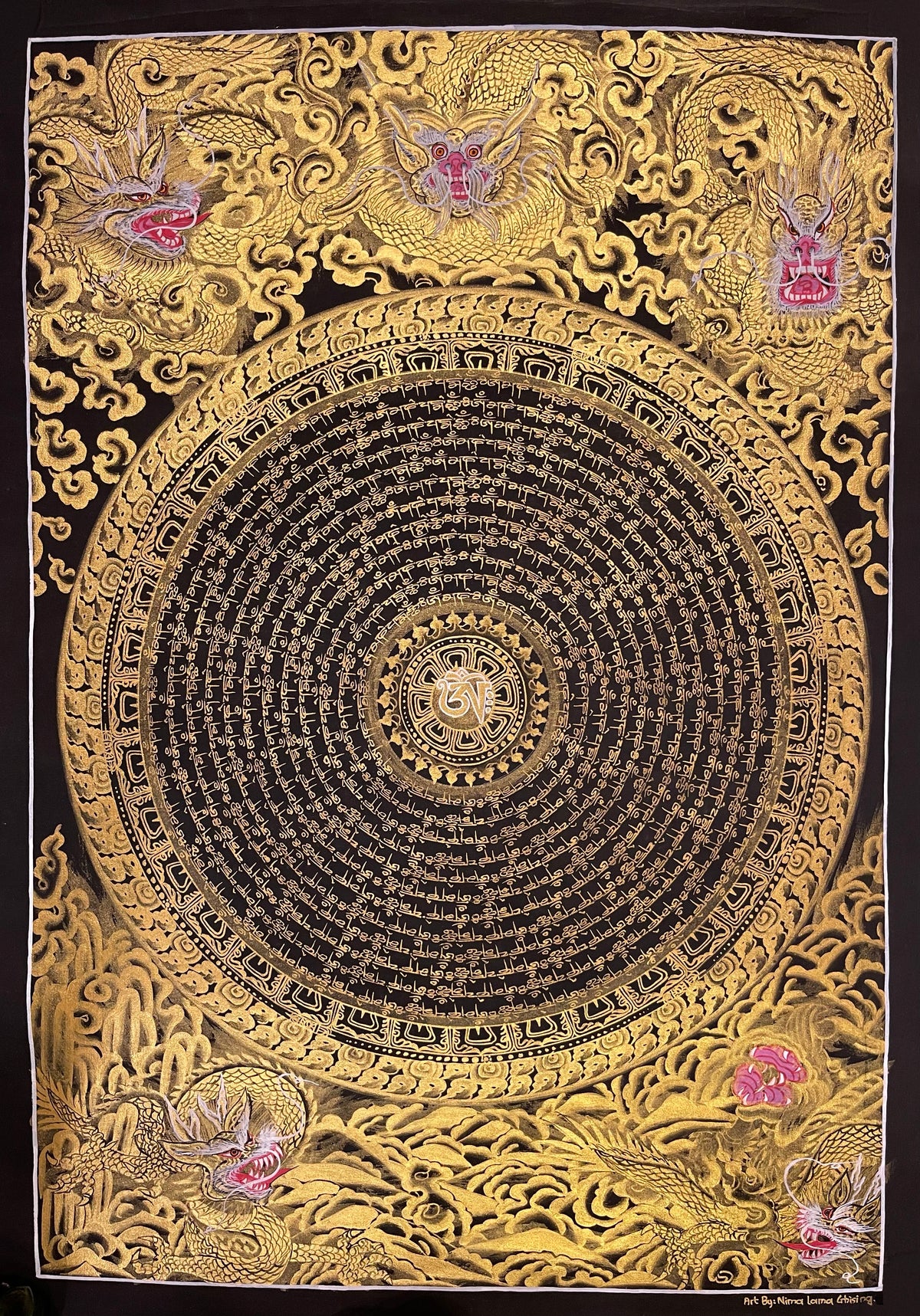 Dragon Mantra Mandala thangka, 49×68 cm: rings of gold-coloured mantra script around a white Om, with gold-coloured dragons in clouds