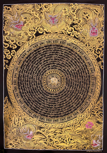 Dragon Mantra Mandala thangka, 49×68 cm: rings of gold-coloured mantra script around a white Om, with gold-coloured dragons in clouds