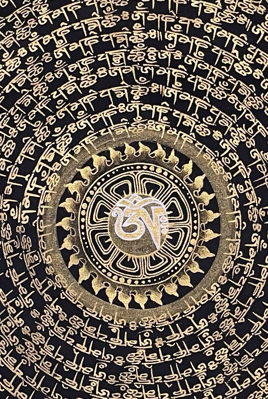 Dragon Mantra Mandala thangka, 49×68 cm: rings of gold-coloured mantra script around a white Om, with gold-coloured dragons in clouds
