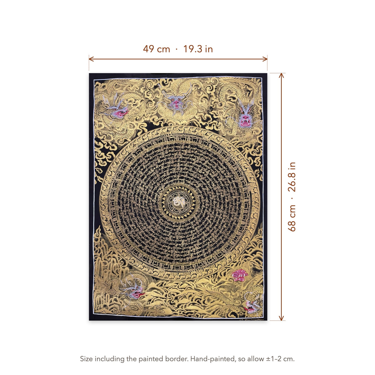 Size diagram: 49 × 68 cm (19.3 × 26.8 in), including the painted border